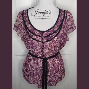3/$25 East 5th Women's Purple Floral Ruffled Collar Blouse Size Large